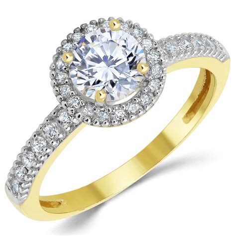 14k Solid Yellow Gold Cz Cubic Zirconia Halo Design Solitaire