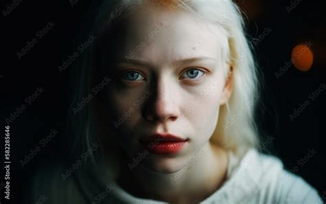 albino girl with pale white skin natural lips and white hair photo face on a dark background