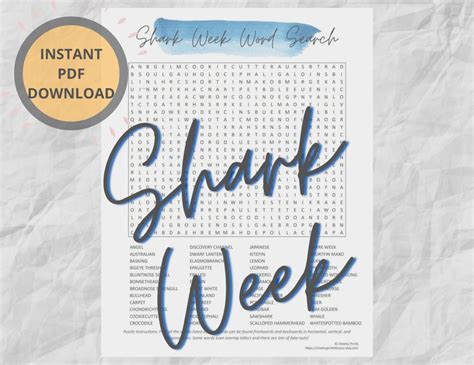 Shark Week Word Search Puzzle Printable Party Games Activities Instant