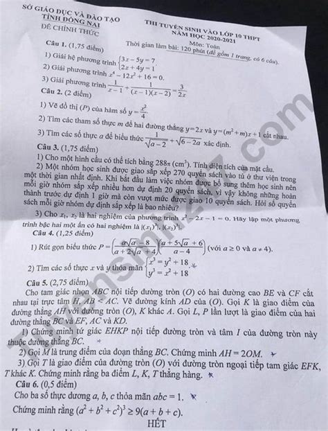 Theo lịch thi, sáng 4/6 thí sinh thi môn. Đáp án đề thi môn Toán tuyển sinh lớp 10 vào THPT tỉnh ...