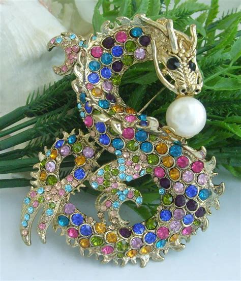 Helenajewelry 354 Gold Tone Multicolor Rhinestone Crystal Dragon