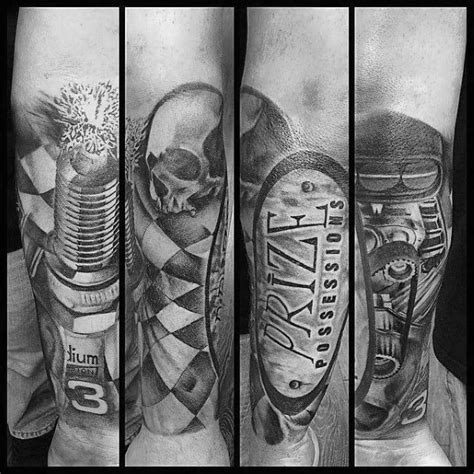 This is an ideal tattoo design for the tattoo lovers who adore depicting car racing tattoo in black and white and lends a charming look to their image. 40 Checkered Flag Tattoo Ideas For Men - Racing Designs