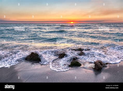 Sunset Over Gulf Of Mexico From Caspersen Beach In Venice Florida Stock