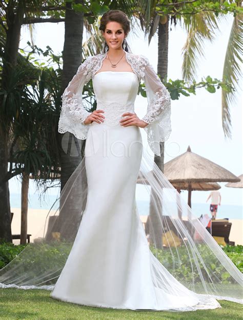 Lace Ivory Sheath Strapless Beaded Satin Wedding Dress