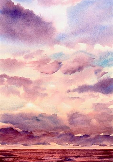 Watercolor Painting Of Sunset Over Indian Ocean Watercolor Clouds