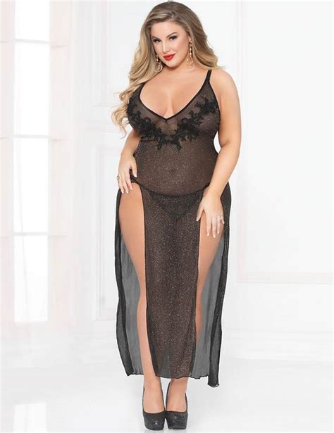 Plus Size Black Long Sheer Gauze Temptation Sexy Nightgown For Curvy