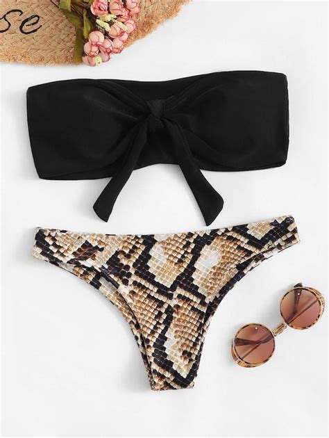 Tie Front Bandeau With Snake Print Bikini Set Swimsuits Printed