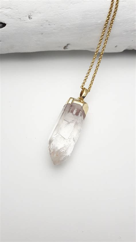 Clear Quartz Crystal Point Necklace 24k Gold Dipped Pendantlong