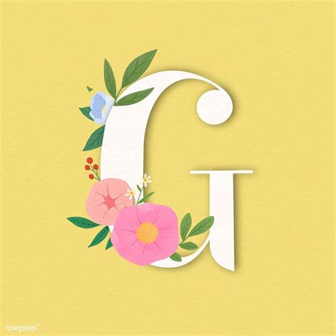 The Letter G Is Surrounded By Flowers And Leaves On A Yellow Background