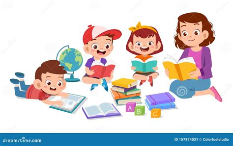 Happy Kids Read Book Study Together With Teacher Stock Vector