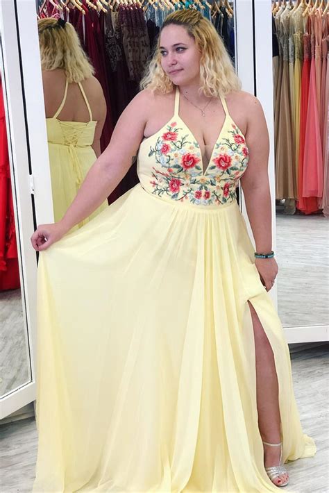 Yellow Halter Appliques Plus Size Prom Dress With Slit A Line V Neck