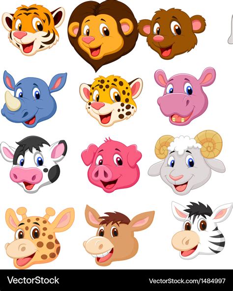 Cartoon Animal Head Collection Set Royalty Free Vector Image