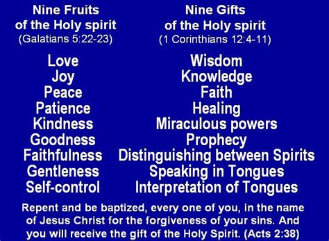 The reason i say this is because the apostle paul, in the second verse above, purposely singles out this gift when telling you to seek after the spiritual gifts. 9 Fruits of the Holy Spirit + 9 Gifts of the Holy Spirit ...