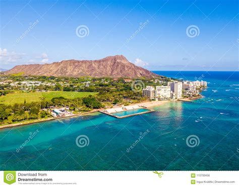 Aerial View Of Waikiki Beach And Diamond Head Crater Stock Photo