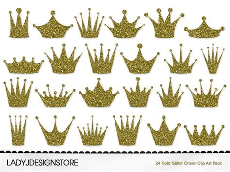 Gold Glitter Crown Clipart Pack 24 Digital Clip Art Crowns For