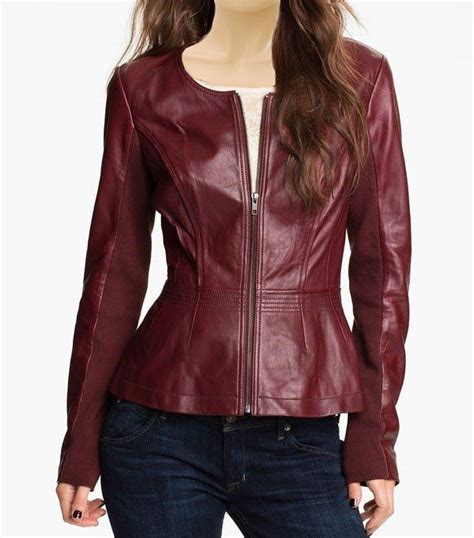 Womens Maroon Collarless Leather Jacket Collarless Leather Jacket