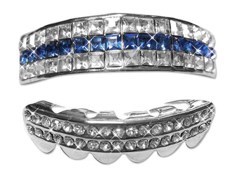 Iced Cz Silver Mouth Teeth Grillz Set Rows Of Bling Blue Topaz