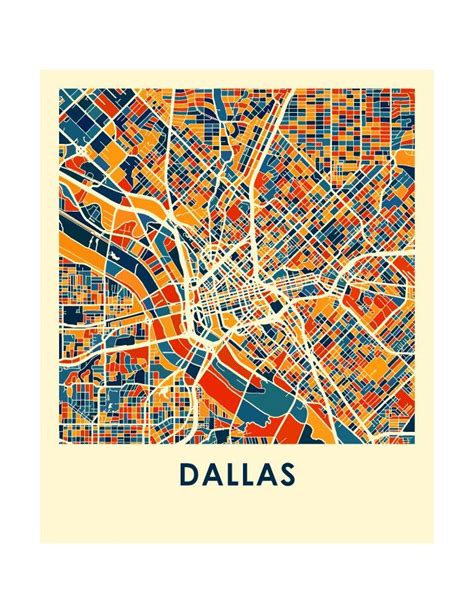 A Map Of The City Of Dallas Texas In Orange And Blue With Words That