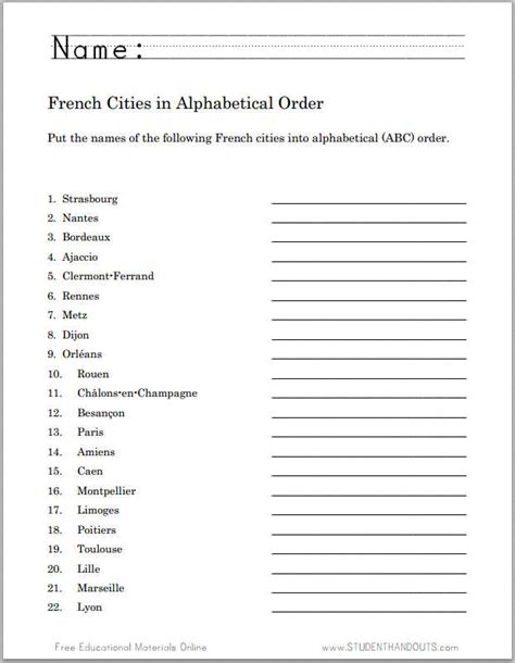 Free french / esl printable worksheets. French Cities in ABC Order Worksheet | Student Handouts
