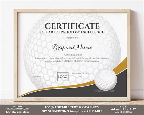 Editable Golf Certificate Template Sports Certificate Award Etsy