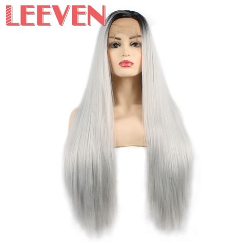 Leeven 26inch Long Straight Hair Synthetic Lace Front Wig Gray Cosplay