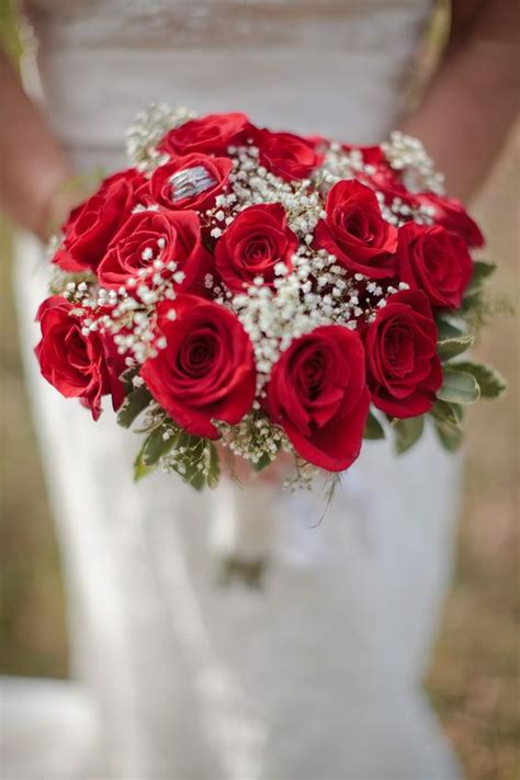 Small wedding bouquets of red and pink rose, white peony, camellia, hydrangea, blue berries and eucalyptus leaves pattern. {Red & Rustic Chic}Squires Farms Wedding | Bride bouquets ...