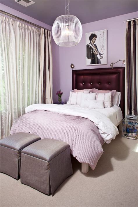 Yep, as we already know, you can't never go wrong with purple. tufted upholstered headboard in a purple and grey bedroom ...