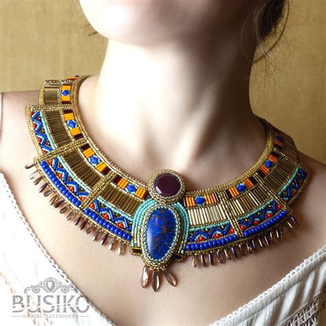 Egyptian Beaded Embroidered Collar Necklace Statement Etsy Egyptian Jewelry Cleopatra