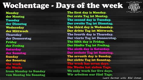 German Language Learn Fast 9 Days Of The Week English To German
