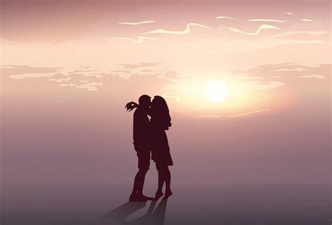 silhouettieren sie romantische paar umarmung bei sonnenuntergang liebhaber mann und frauenkuß