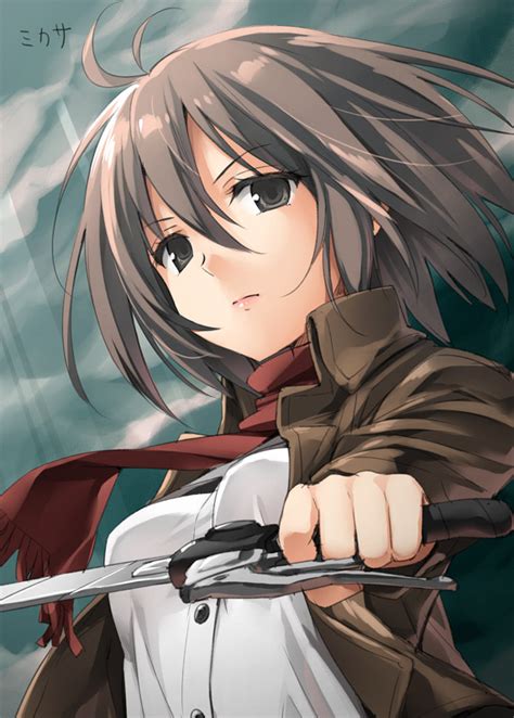 Safebooru 1girl Black Eyes Brown Hair Jacket Looking At Viewer Mikasa