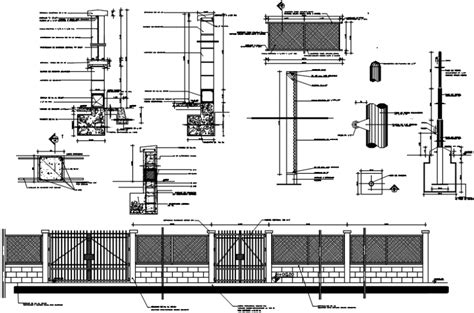 Metallic Fence And Gate Section Plan And Installation Drawing Details