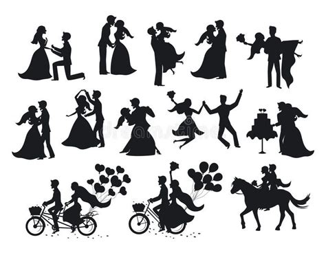 Just Married Newlyweds Bride And Groom Silhouettes Set Stock