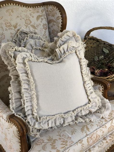 A Pair Of Pillow With Ruffles Cotton Canvas Linen Bedding Etsy Linen