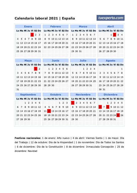 Calendario Laboral 2021 Calendarios Con Festivos Por Comunidad Para Imprimir