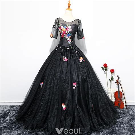 Chic Beautiful Black Flower Fairy Prom Dresses 2017 Ball