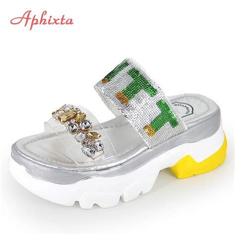 Aphixta Bling Grystals Slides Women Pearl Thick Sole Summer Slippers Rhinestone Casual Shoes