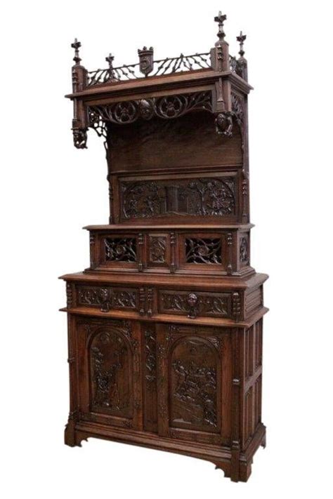Well Carved Antique French Gothic Cabinet Medieval With Battle Scenes