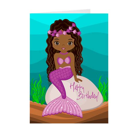Purple African American Girl Mermaid Birthday Card African