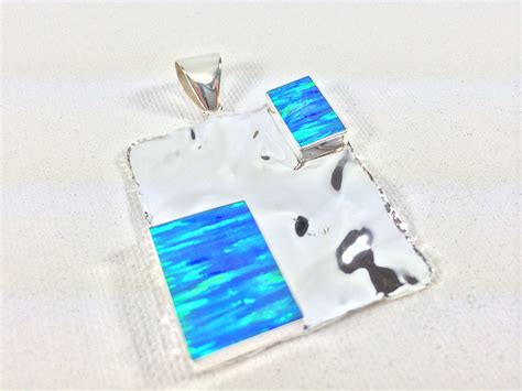 Blue Square Opal Pendant 925 Sterling Silver Hammered Ripple