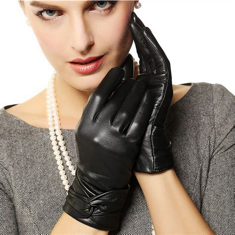 new women black touchscreen leather gloves warm fashion winter genuine goatskin driving glove