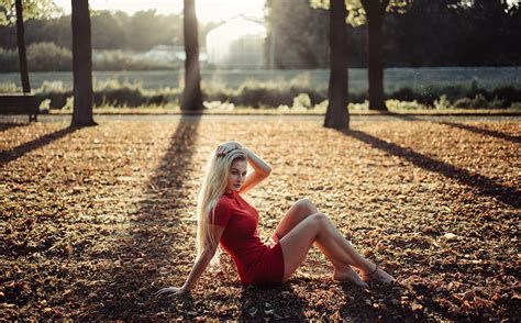 Women Andreas Joachim Lins Blonde Trees Red Dress Sitting Leaves Hd Wallpaper
