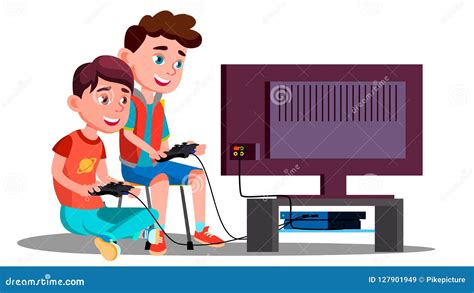 Two Children Boy Play A Video Game Vector Isolated Illustration Stock