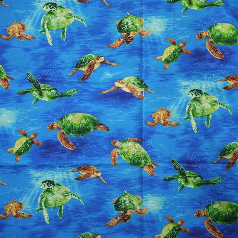 1 YARD Brilliant Blue Green Sea Turtles Print Quilting Or Craft