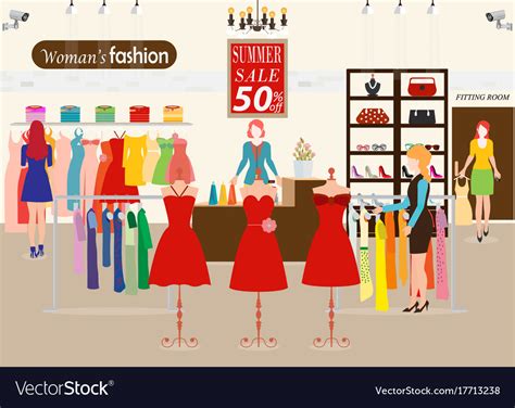 Women Shopping In A Clothing Store With Dummies Vector Image