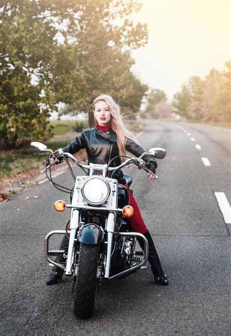 Beautiful Biker Woman Outdoor With Motorcycle Stock Photo Image Of