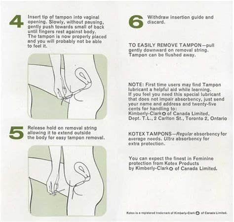 Instructions for inserting a tampon with a bui. Canadian stick tampon, Kotex, 1969, at MUM