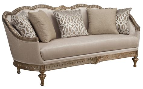 The wood is stained in a soft gray color. Lugano Traditional Beige Fabric Cabriole Sofa with Exposed Carved Wooden Frame