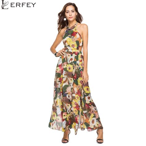Lerfey Women Casual Dress Chiffon Halter Backless Sexy Long Dresses Summer Beach Boho Maxi Split