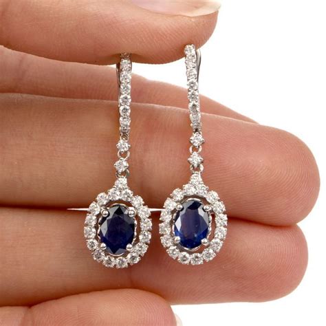 Estate Blue Sapphire Diamond Huggie Dangle Drop Gold Earrings Blue